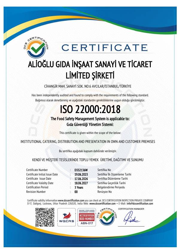 ISO 22000:2018 belgesi ön izlemesi