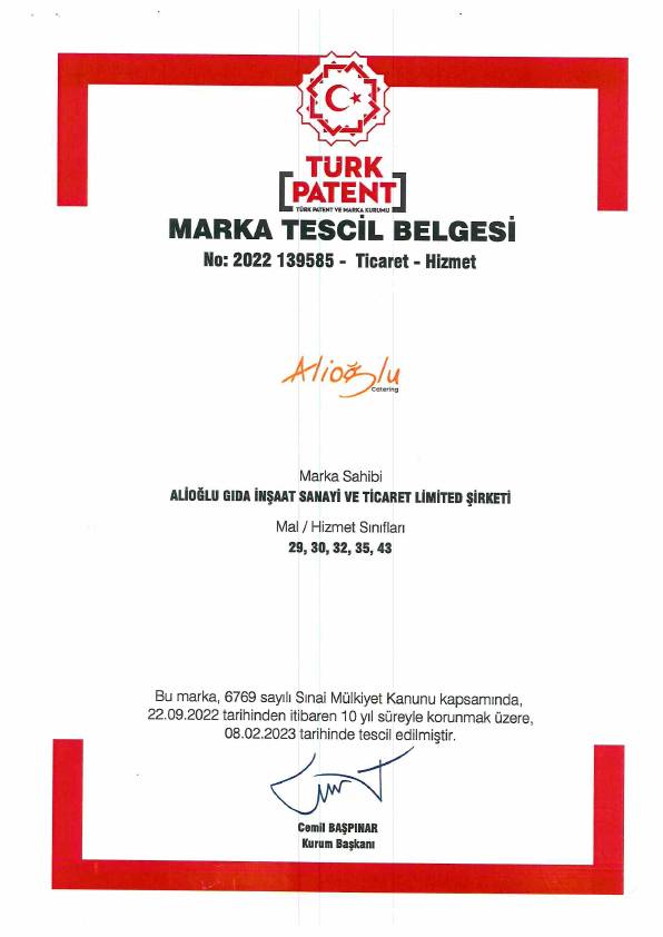 Alioğlu Marka Tescil Belgesi ön izlemesi